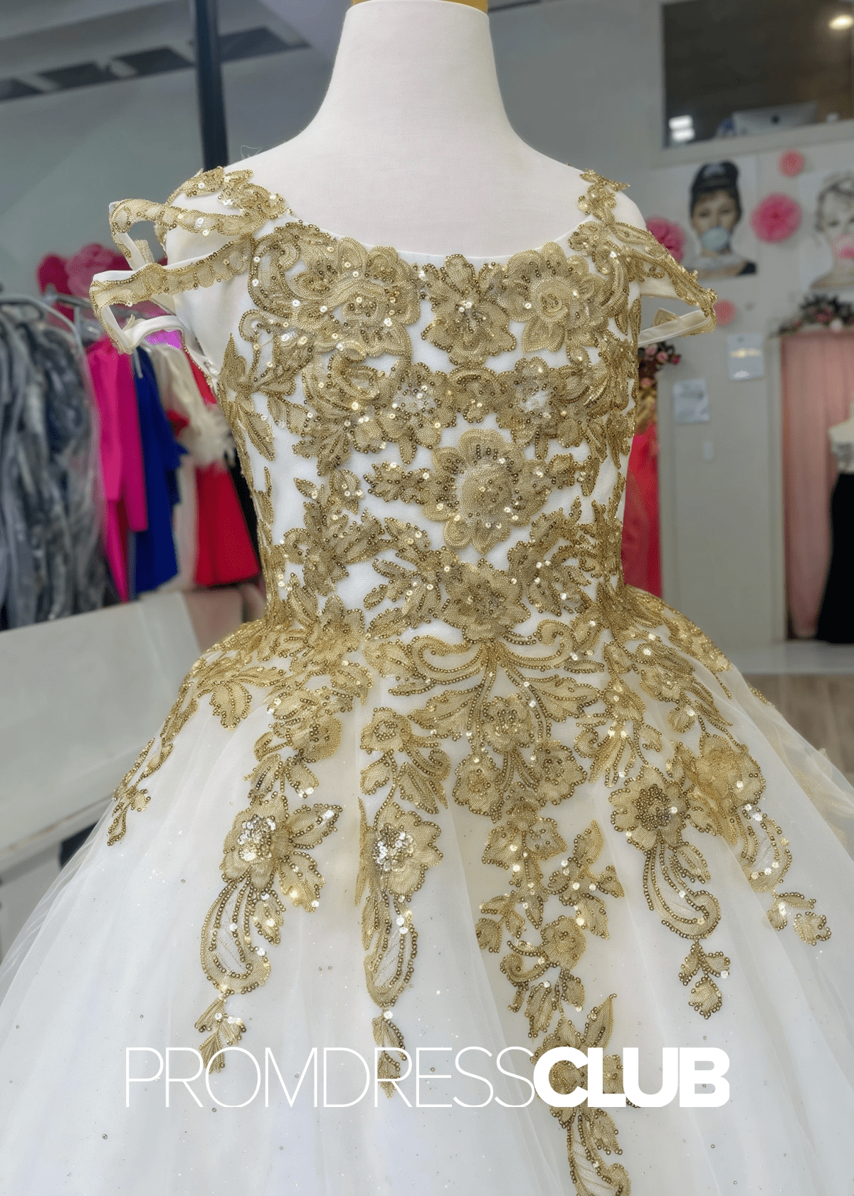 Lauren | Gold Appliques White Long Pageant Dresses for Girls - White - PromDressClub