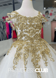 Lauren | Gold Appliques White Long Pageant Dresses for Girls - White - PromDressClub