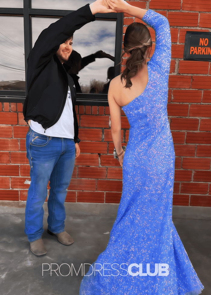 Lauren |Long Gold Prom Dresses Shops With Stunning Sequins Mermaid One Sleeve Slit - Price #price_variant_lowest# - Blue - PromDressClub