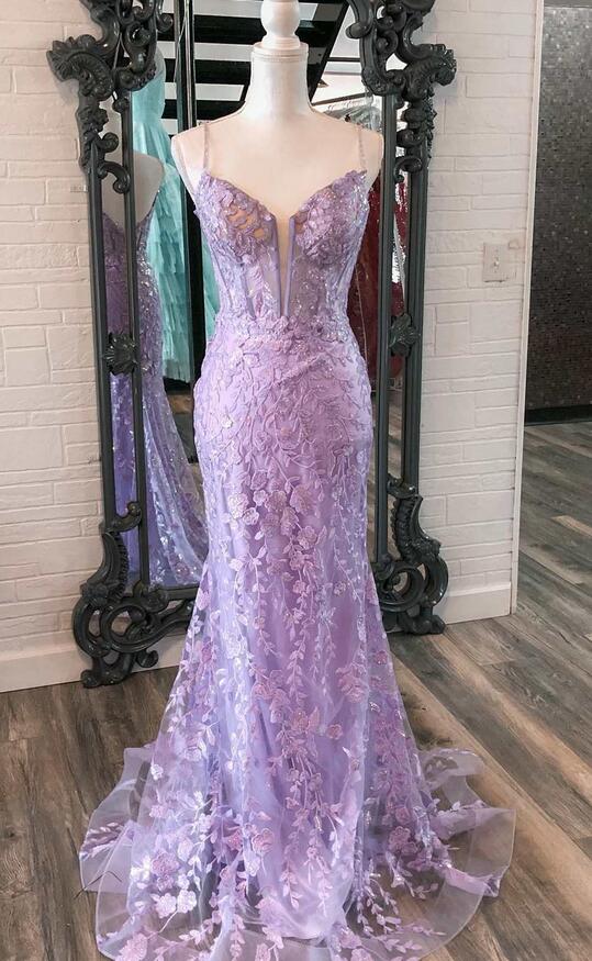 Irene |Lavender Floral Formal Dress Mermaid Long Prom Dress Appliques - Purple - PromDressClub