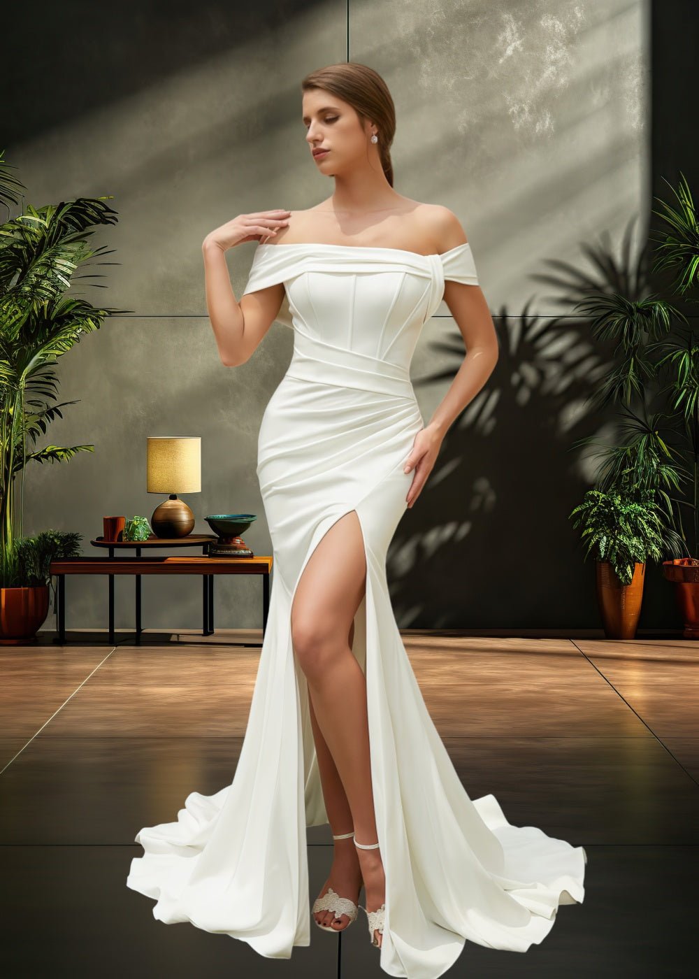 Lee | Off the Shoulder Mermaid Ruched Wedding Dress with High Slit and Brush Train - Ivory - PromDressClub