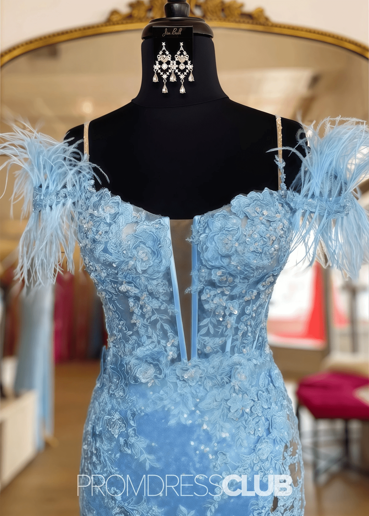 Leila | Mermaid Feather Appliques Blue Sequin Long Prom Dress - Price #price_variant_lowest# - Blue - PromDressClub