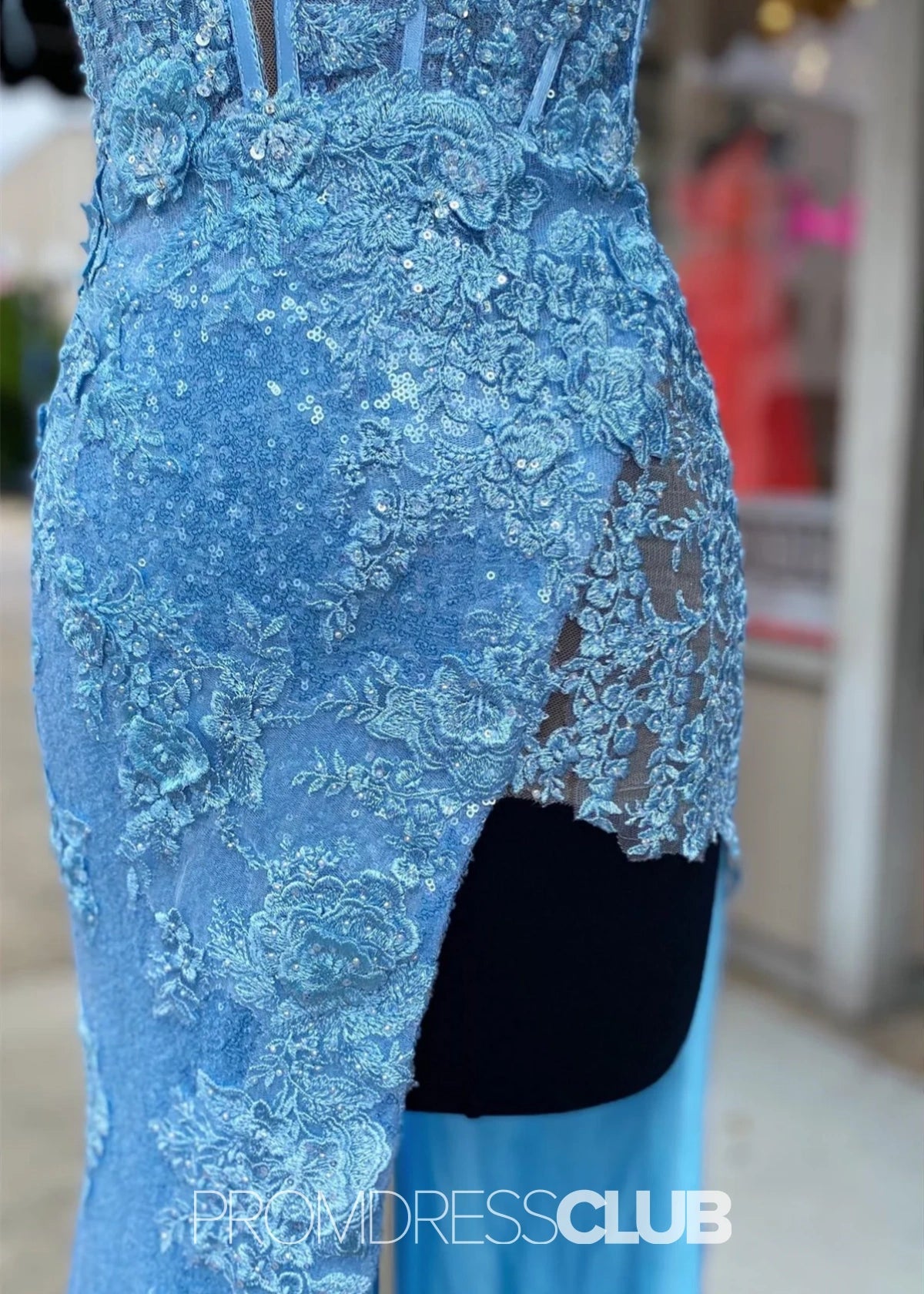 Leila | Mermaid Feather Appliques Blue Sequin Long Prom Dress - Price #price_variant_lowest# - Blue - PromDressClub