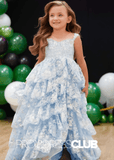 Leila | Sequin Ruffle Light Blue Long Pageant Dresses for Girls - Light Blue - PromDressClub