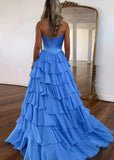 Lesley|A - Line Sweetheart Chiffon Corset Ruffled Long Blue Prom Dress with Slit - Blue - US0 - PromDressClub