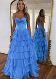 Lesley|A - Line Sweetheart Chiffon Corset Ruffled Long Blue Prom Dress with Slit - Blue - US0 - PromDressClub