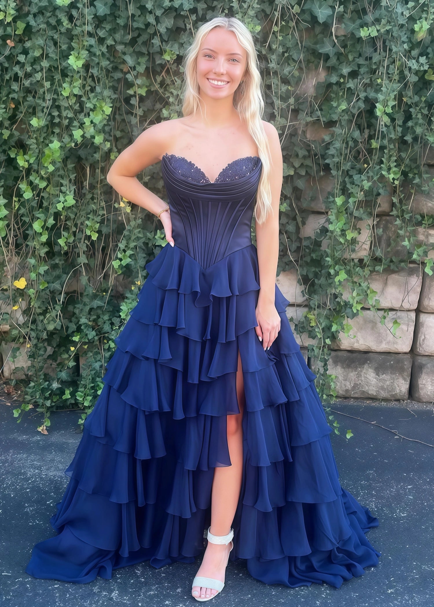 Lesley|A - Line Sweetheart Chiffon Corset Ruffled Long Blue Prom Dress with Slit - Navy Blue - US0 - PromDressClub