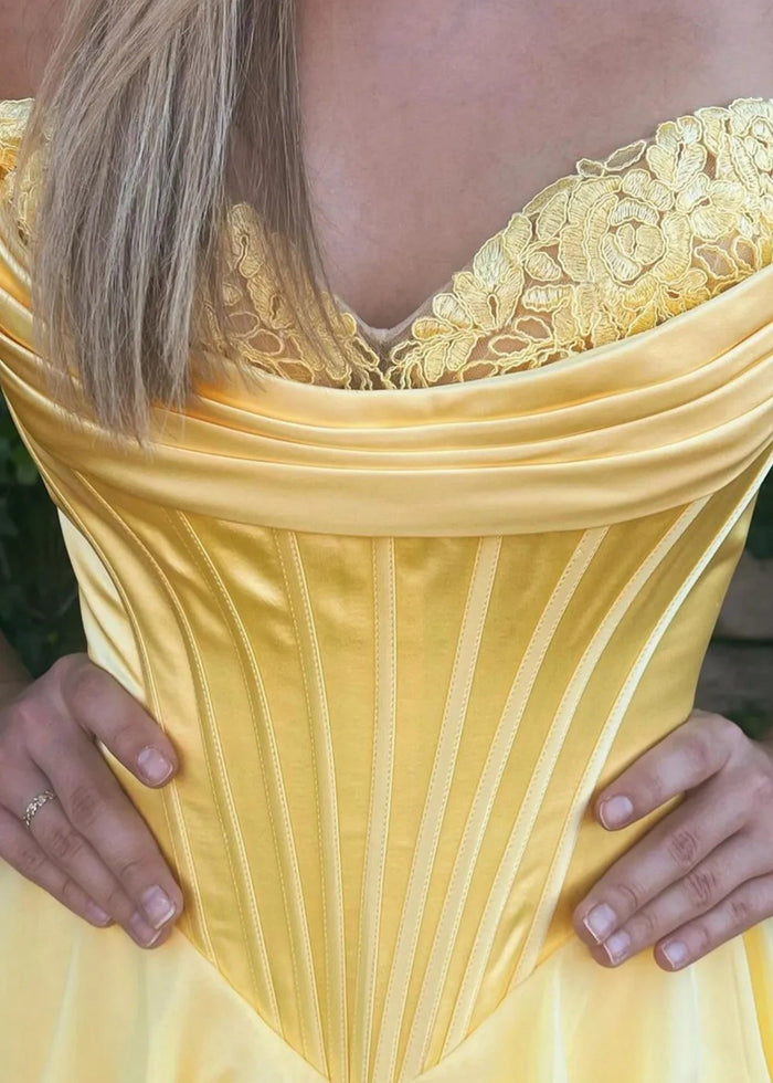 Lesley|A - Line Sweetheart Chiffon Corset Ruffled Long Blue Prom Dress with Slit - Yellow - PromDressClub