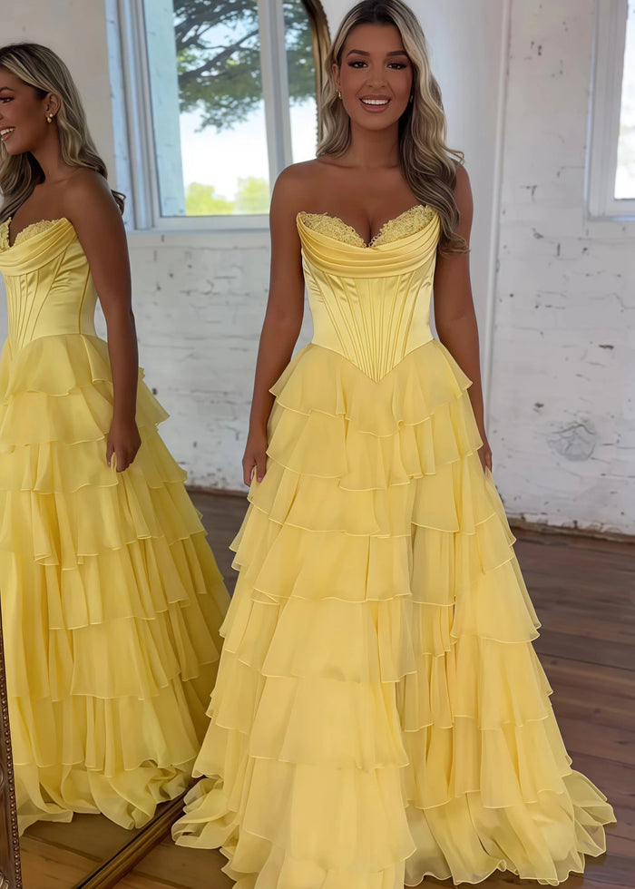 Lesley|A - Line Sweetheart Chiffon Corset Ruffled Long Blue Prom Dress with Slit - Yellow - PromDressClub