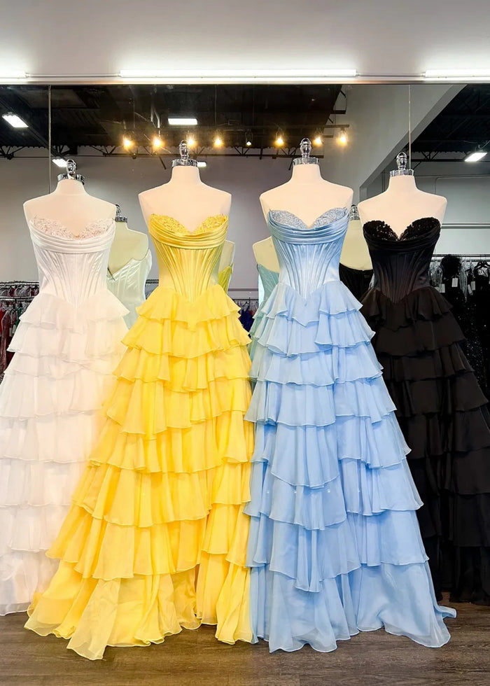 Lesley|A - Line Sweetheart Chiffon Corset Ruffled Long Blue Prom Dress with Slit - Yellow - PromDressClub