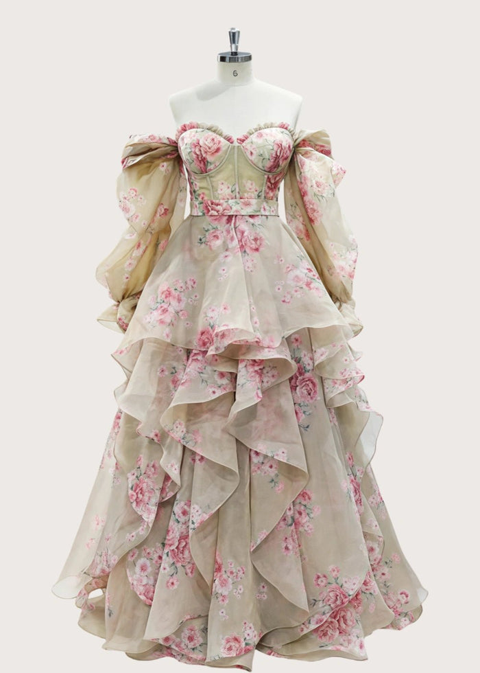 Light Pink Strapless Off the Shoulder Long Sleeve Formal Dress - Ivory Floral - PromDressClub
