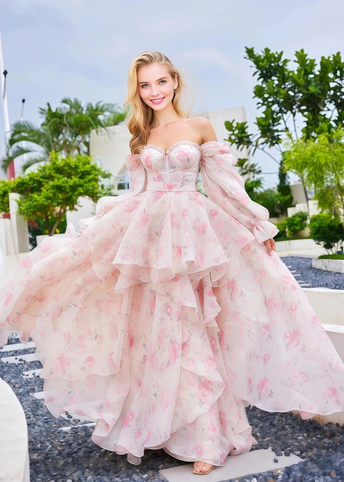 Light Pink Strapless Off the Shoulder Long Sleeve Formal Dress - Light Pink Floral - PromDressClub
