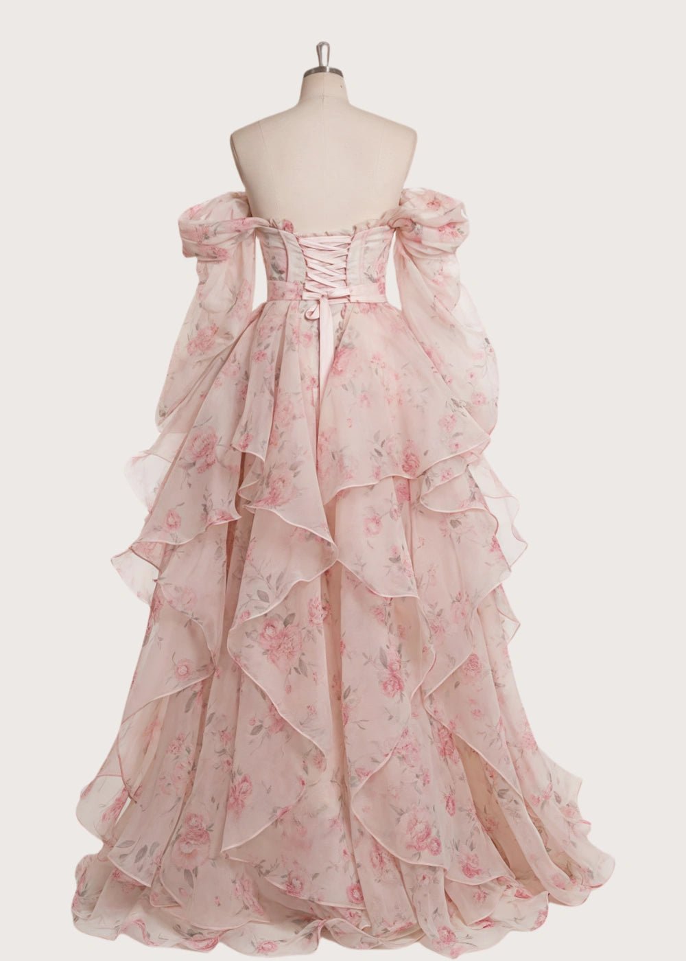 Light Pink Strapless Off the Shoulder Long Sleeve Formal Dress - Pink Floral - PromDressClub