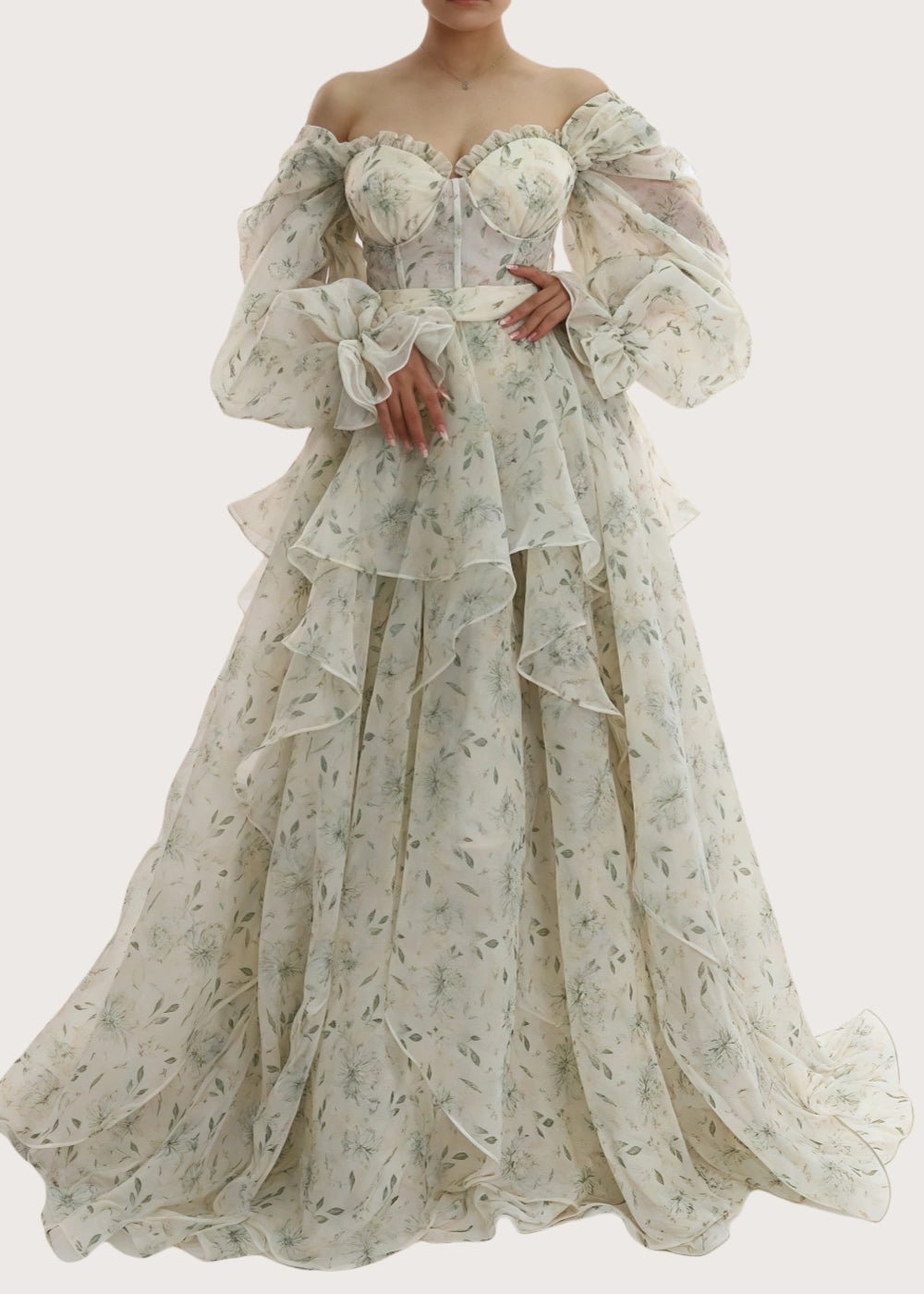 Light Pink Strapless Off the Shoulder Long Sleeve Formal Dress - Sage Floral - PromDressClub