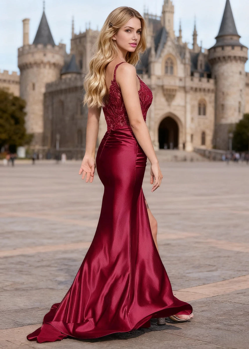 Lila Burgundy Mermaid Lace Beaded Prom Dress | Spaghetti Straps V - Neck Pleated Satin Dress with Slit - US0 - PromDressClub