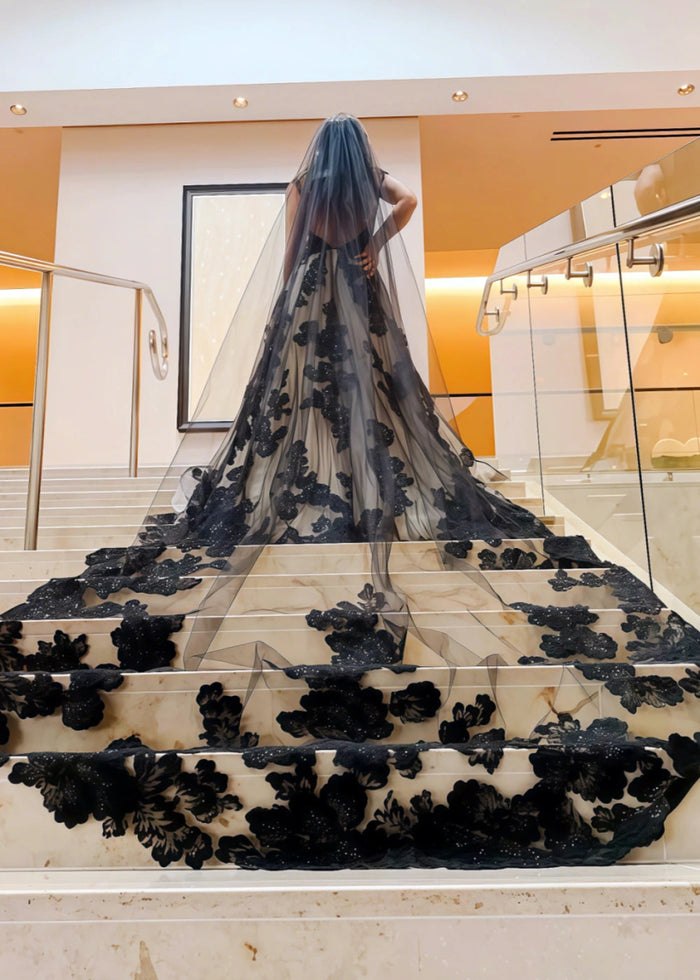 Lila | Elegant Black Lace Wedding Dress with Sheer Veil for Modern Brides - Black - PromDressClub