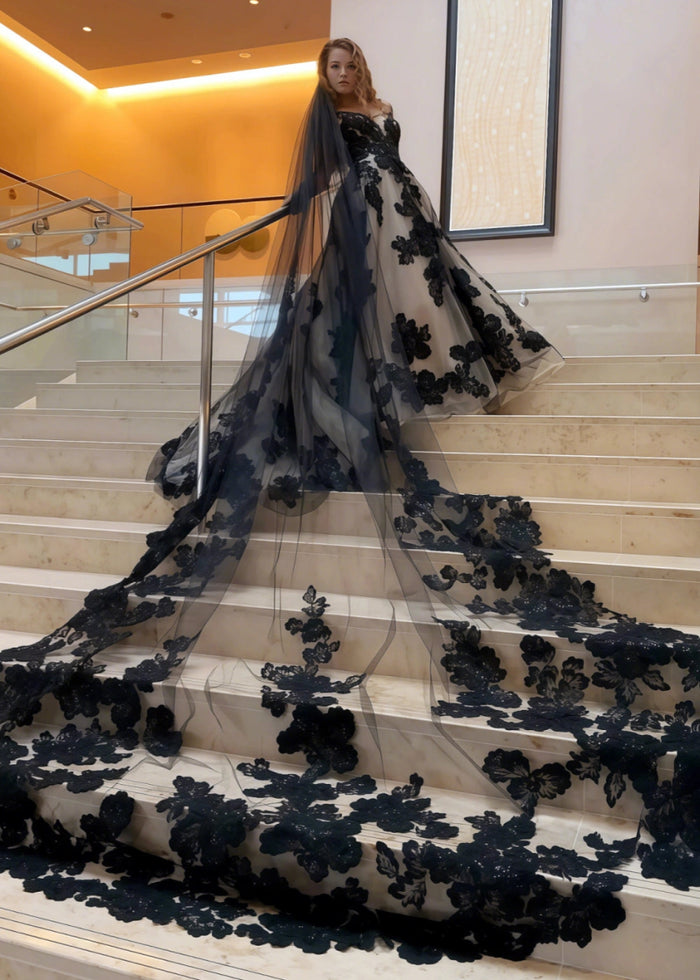 Lila | Elegant Black Lace Wedding Dress with Sheer Veil for Modern Brides - Black - PromDressClub