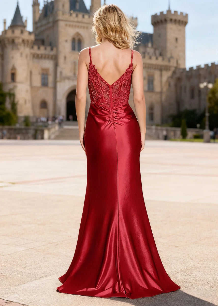 Lila Red Mermaid Lace Beaded Prom Dress | Spaghetti Straps V - Neck Pleated Satin Dress with Slit - US0 - PromDressClub
