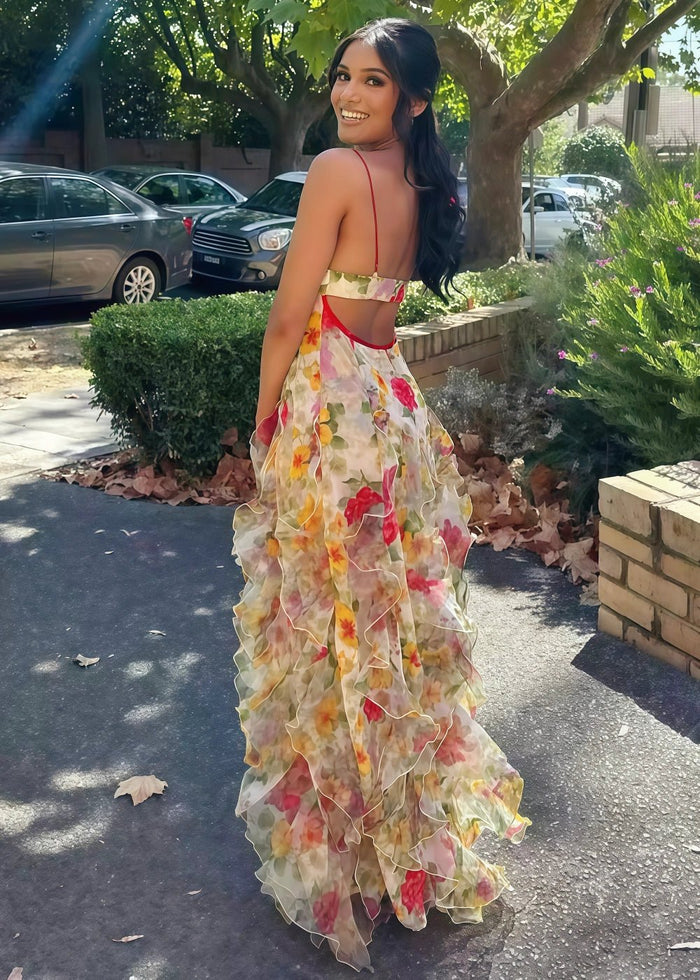 Lilian | Gorgeous Floral Ruffle Backless White Prom Dress - Yellow Floral - PromDressClub