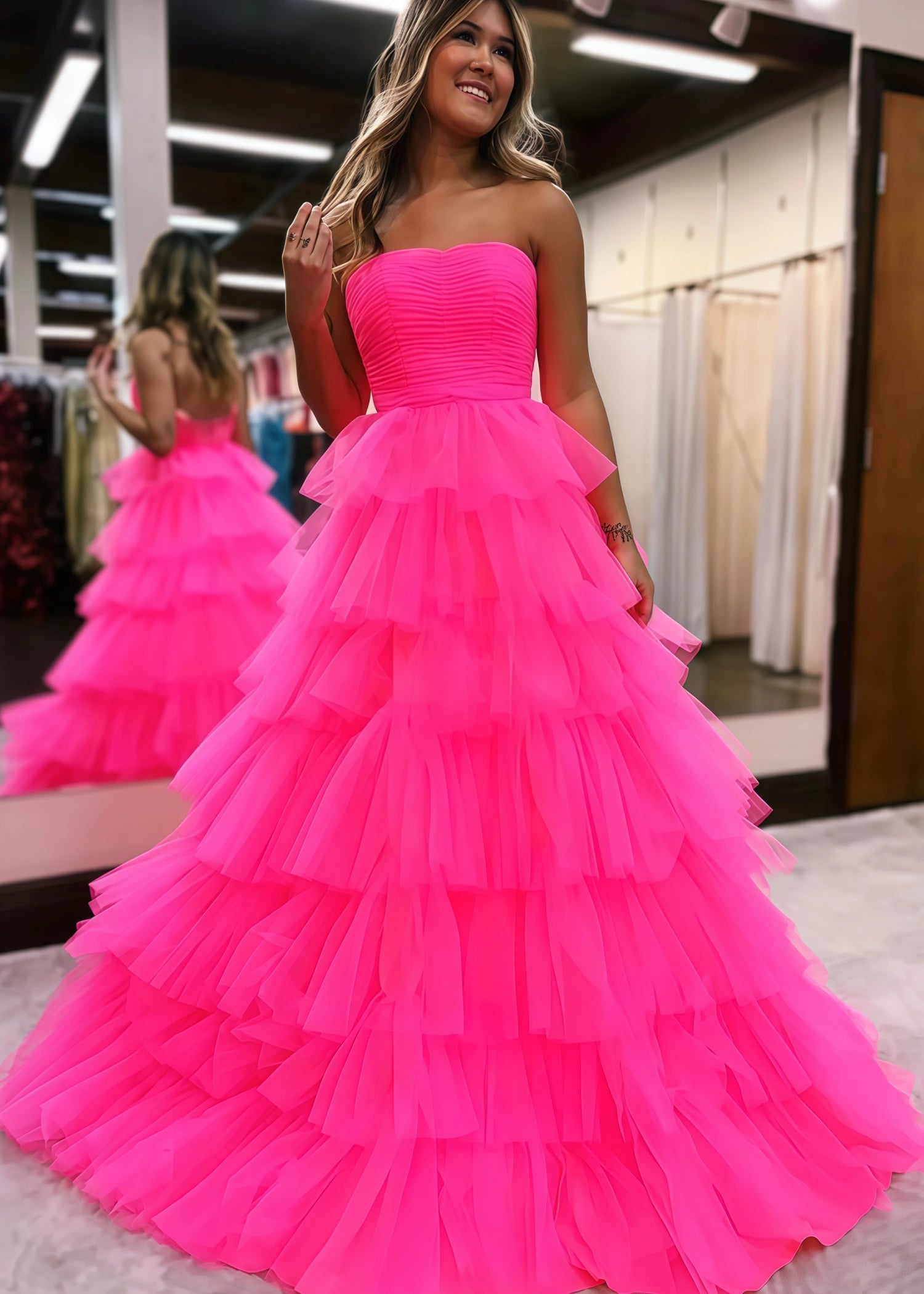 Lillian |A Line Straight Hot Pink Long Prom Dress with Ruffles - Hot Pink - US0 - PromDressClub