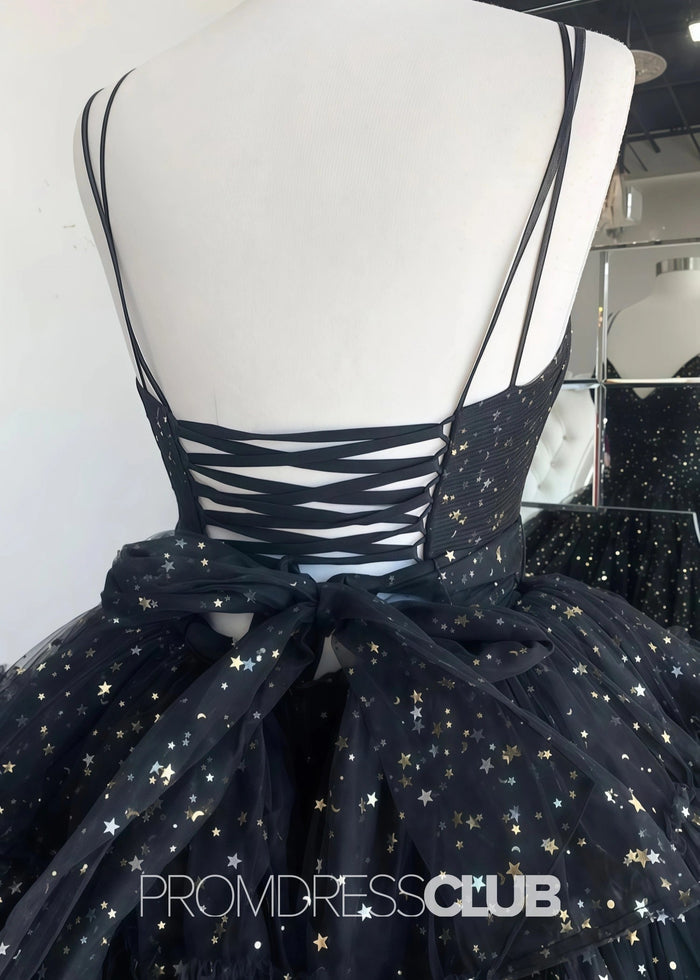 Lillian |Black Long Prom Dresses Near Me With A Line Spaghetti Straps Tiered Tulle High Low - Price #price_variant_lowest# - Black - PromDressClub