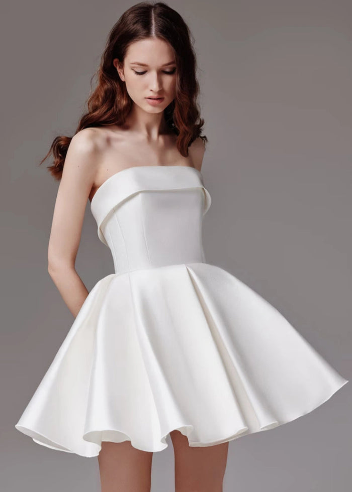 Lillian | Elegant Short Satin Strapless Wedding Dress with Bow Back Detail - White - PromDressClub