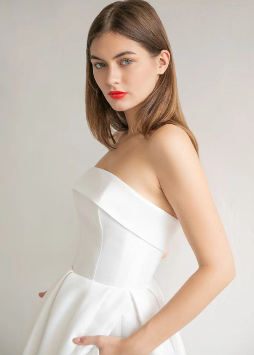 Lillian | Elegant Short Satin Strapless Wedding Dress with Bow Back Detail - White - PromDressClub