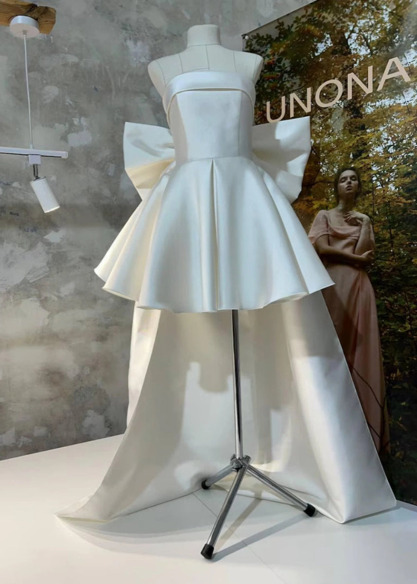 Lillian | Elegant Short Satin Strapless Wedding Dress with Bow Back Detail - White - PromDressClub
