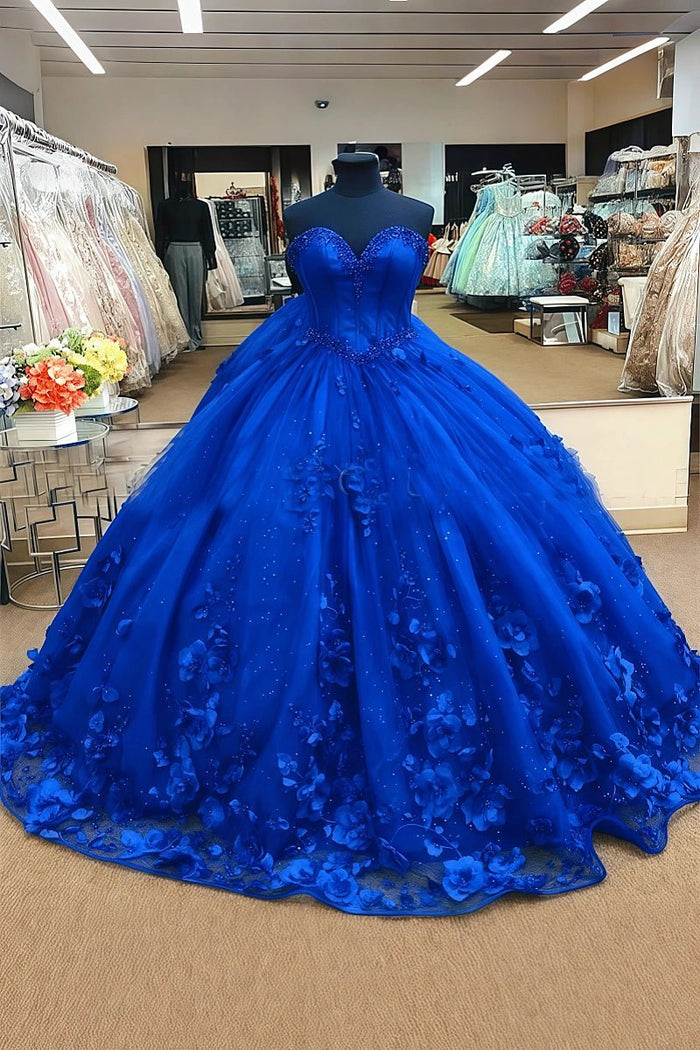 Linda |Hot Sweetheart Royal Blue Quince Dress Beaded Flowers with Bow - Royal Blue - PromDressClub
