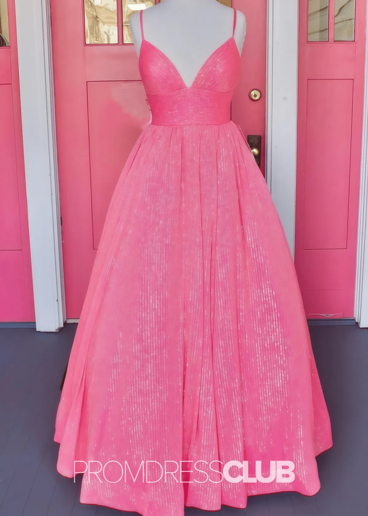 Lindsay |Hot Pink Plus Size Long Prom Dresses Near Me With A - line V Neck Sequins - Hot Pink - US0 - PromDressClub