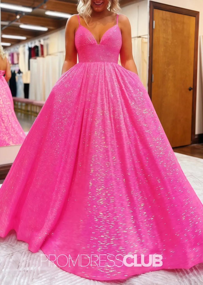 Lindsay |Hot Pink Plus Size Long Prom Dresses Near Me With A - line V Neck Sequins - Price #price_variant_lowest# - Hot Pink - PromDressClub