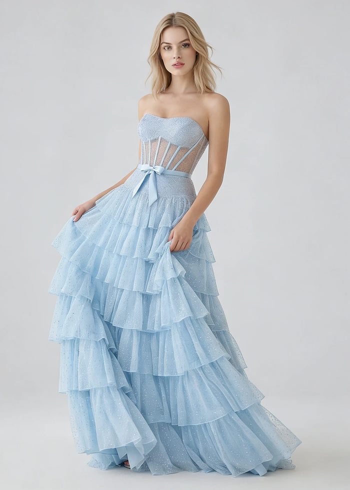 Lira Light Blue Glitter Prom Dress with Ruffles | A - Line Strapless Corset Formal Dress with Bow - Light Blue - PromDressClub