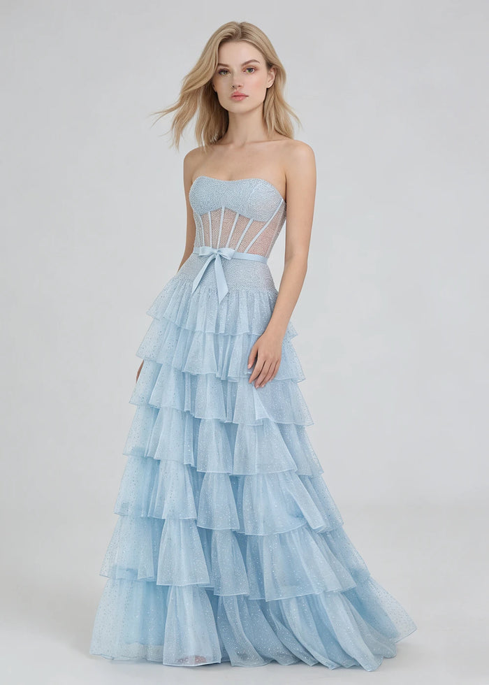 Lira Light Blue Glitter Prom Dress with Ruffles | A - Line Strapless Corset Formal Dress with Bow - Light Blue - PromDressClub