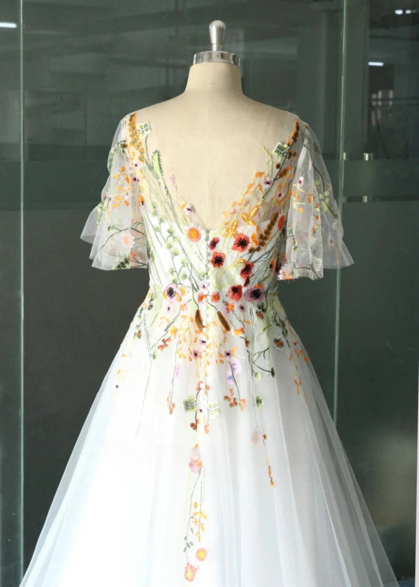 Lisa | Discover Floral Cap Sleeve V Neck Wedding Dresses for Elegant Brides - White Floral - PromDressClub