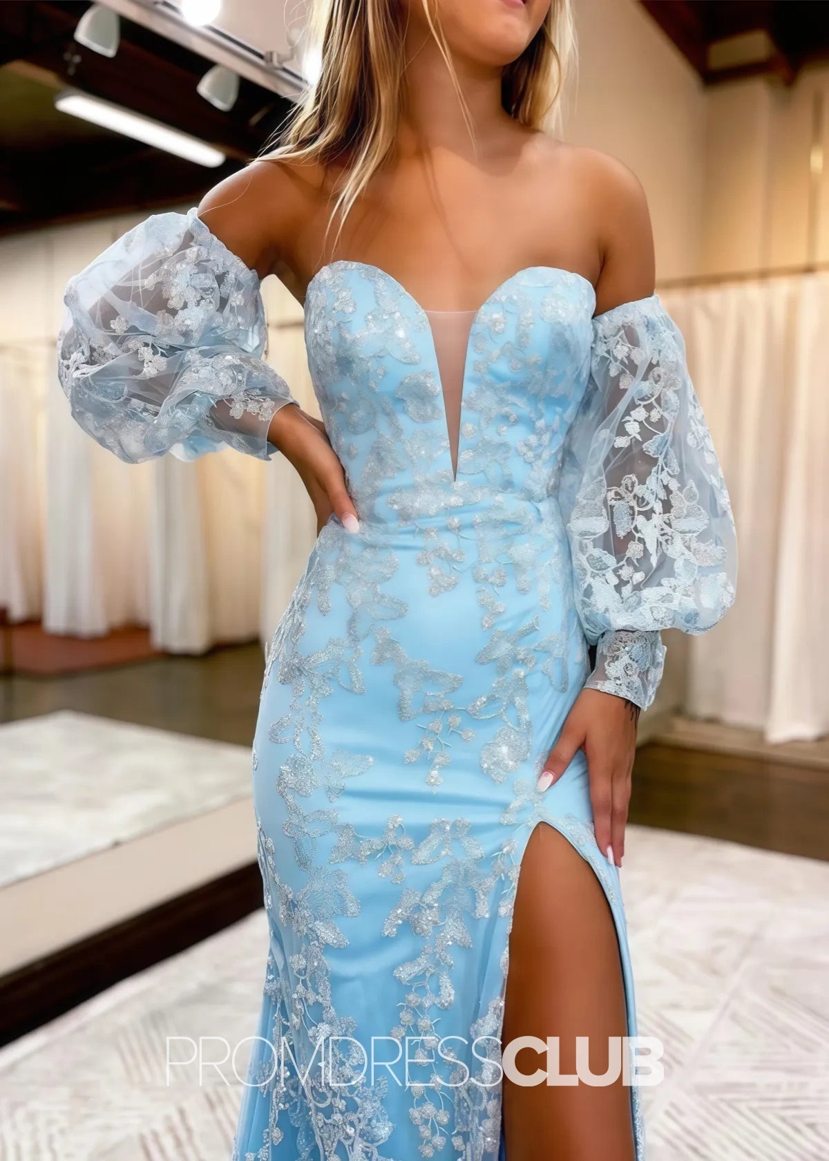 Lisa |Long Sky Blue Prom Dresses Near Me With Mermaid Sweetheart Lace Detachable Sleeves - Champagne - US0 - PromDressClub