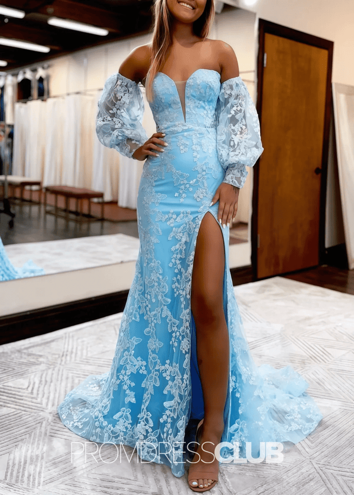Lisa |Long Sky Blue Prom Dresses Near Me With Mermaid Sweetheart Lace Detachable Sleeves - Price #price_variant_lowest# - Sky Blue - PromDressClub