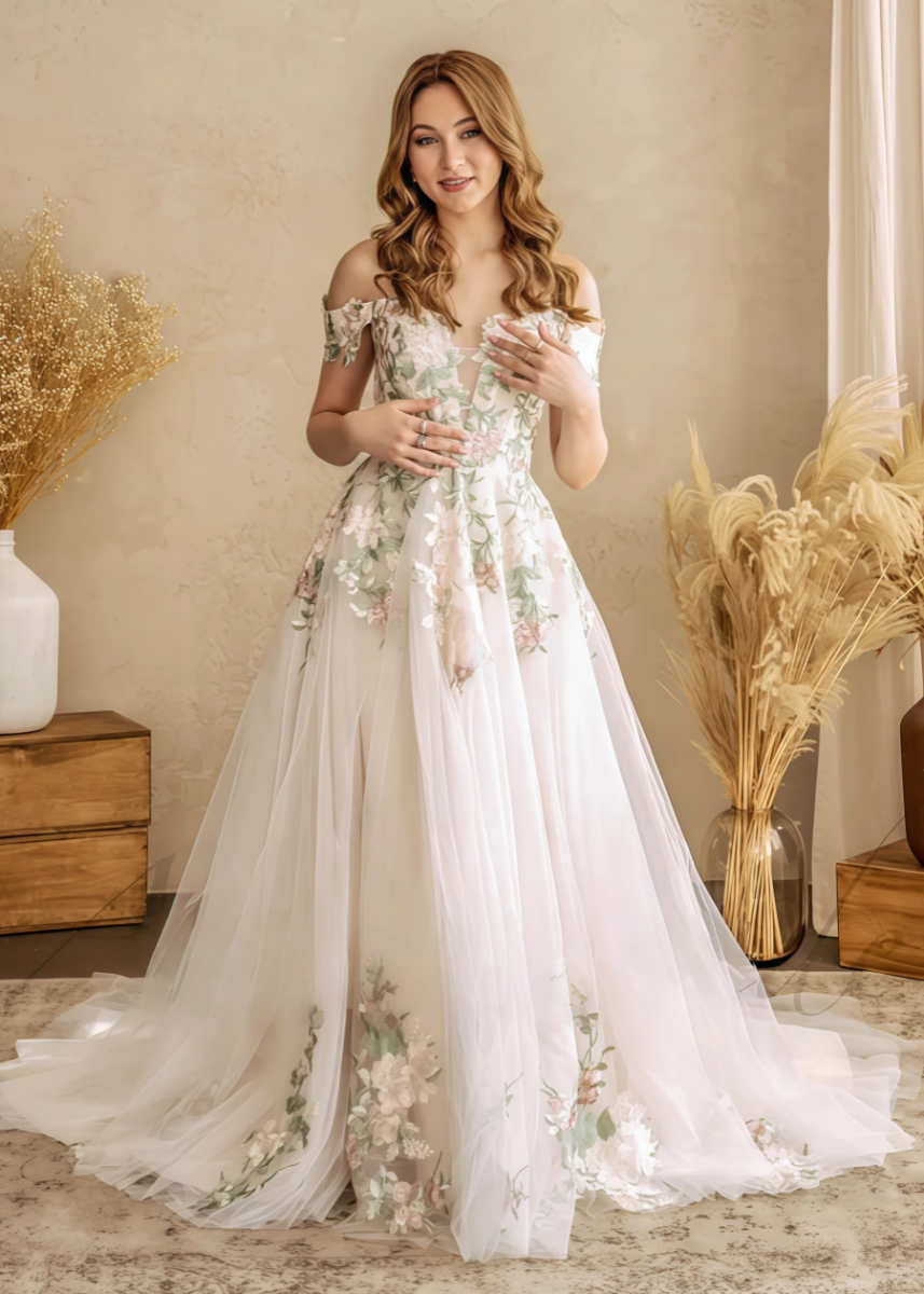 Liv | Say "I Do" to a Romantic Off the Shoulder Wedding Dress Under 500 - White Floral - PromDressClub