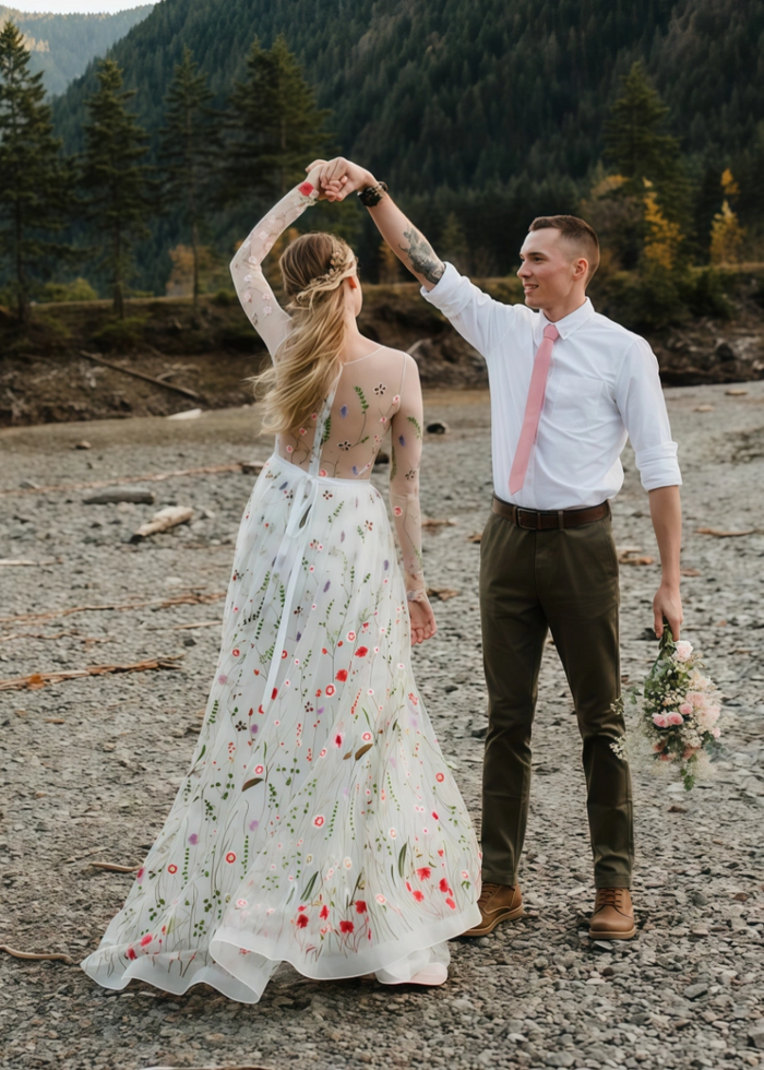 Livia | Discover Timeless Floral Modest Wedding Dresses With Luxe Sleeves Under 1000 - Ivory Floral - PromDressClub