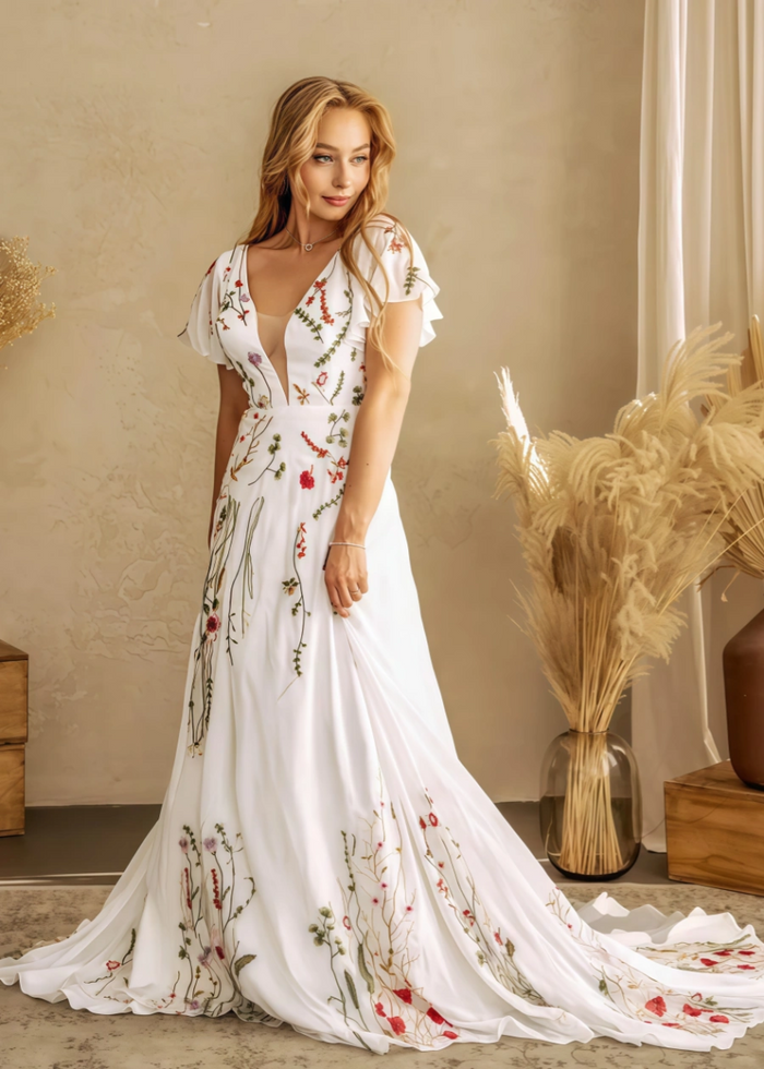 Lola | Stunning Floral Wedding Dresses with Sleeves - Ivory Floral - PromDressClub