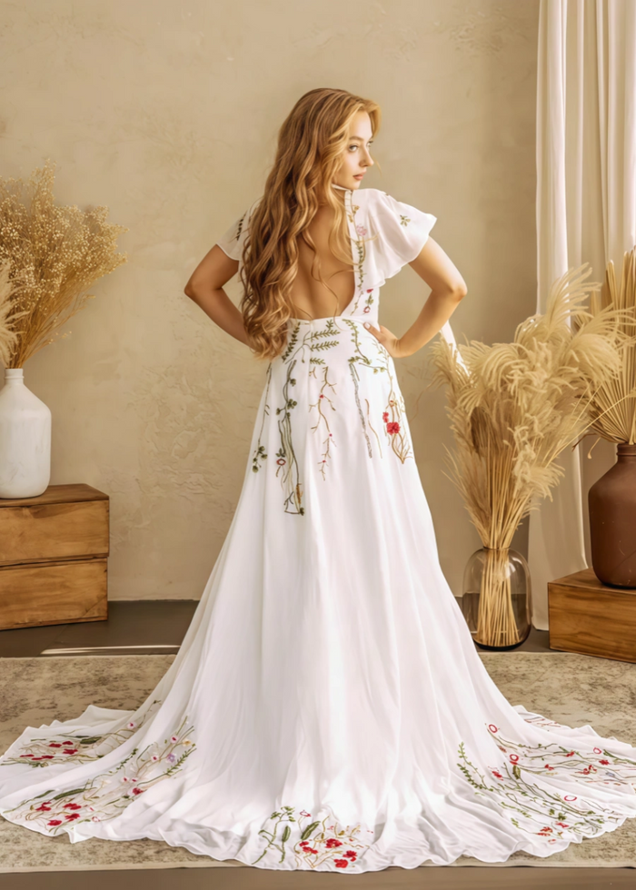 Lola | Stunning Floral Wedding Dresses with Sleeves - Ivory Floral - PromDressClub