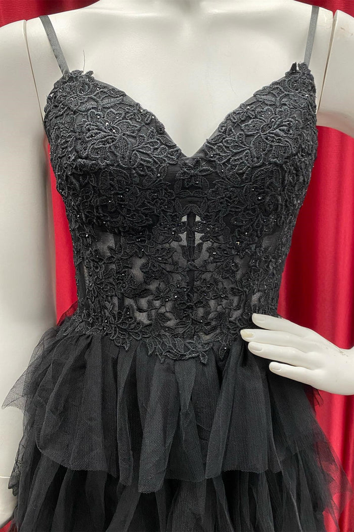 Rosalind | A Line Backless Black Lace and Tulle Prom Dress with Ruffles - Black - PromDressClub