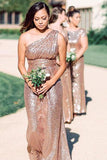 Lorraine |Long Sequins Rose Gold Bridesmaid Dress One Shoulder - Rose Gold - US0 - PromDressClub