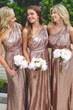 Lorraine |Long Sequins Rose Gold Bridesmaid Dress One Shoulder - Rose Gold - US0 - PromDressClub