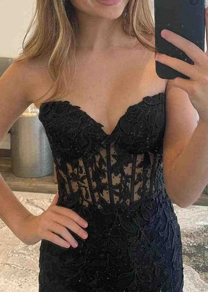 Lorraine Corset Lace Lilac Prom Dress | Mermaid Strapless Sweetheart Neckline Dress with Slit - Black - PromDressClub