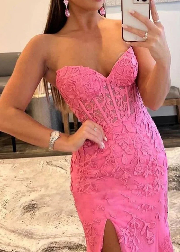 Lorraine Corset Lace Lilac Prom Dress | Mermaid Strapless Sweetheart Neckline Dress with Slit - Lilac - PromDressClub