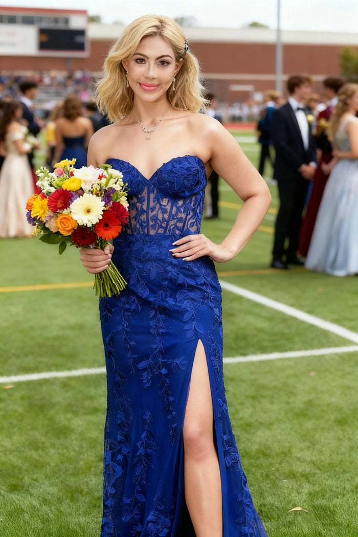 Lorraine Corset Lace Lilac Prom Dress | Mermaid Strapless Sweetheart Neckline Dress with Slit - Royal Blue - PromDressClub