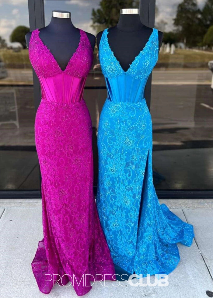 Lucy | Mermaid Appliques Lace Hot Pink Long Prom Dress - Price #price_variant_lowest# - Blue - PromDressClub