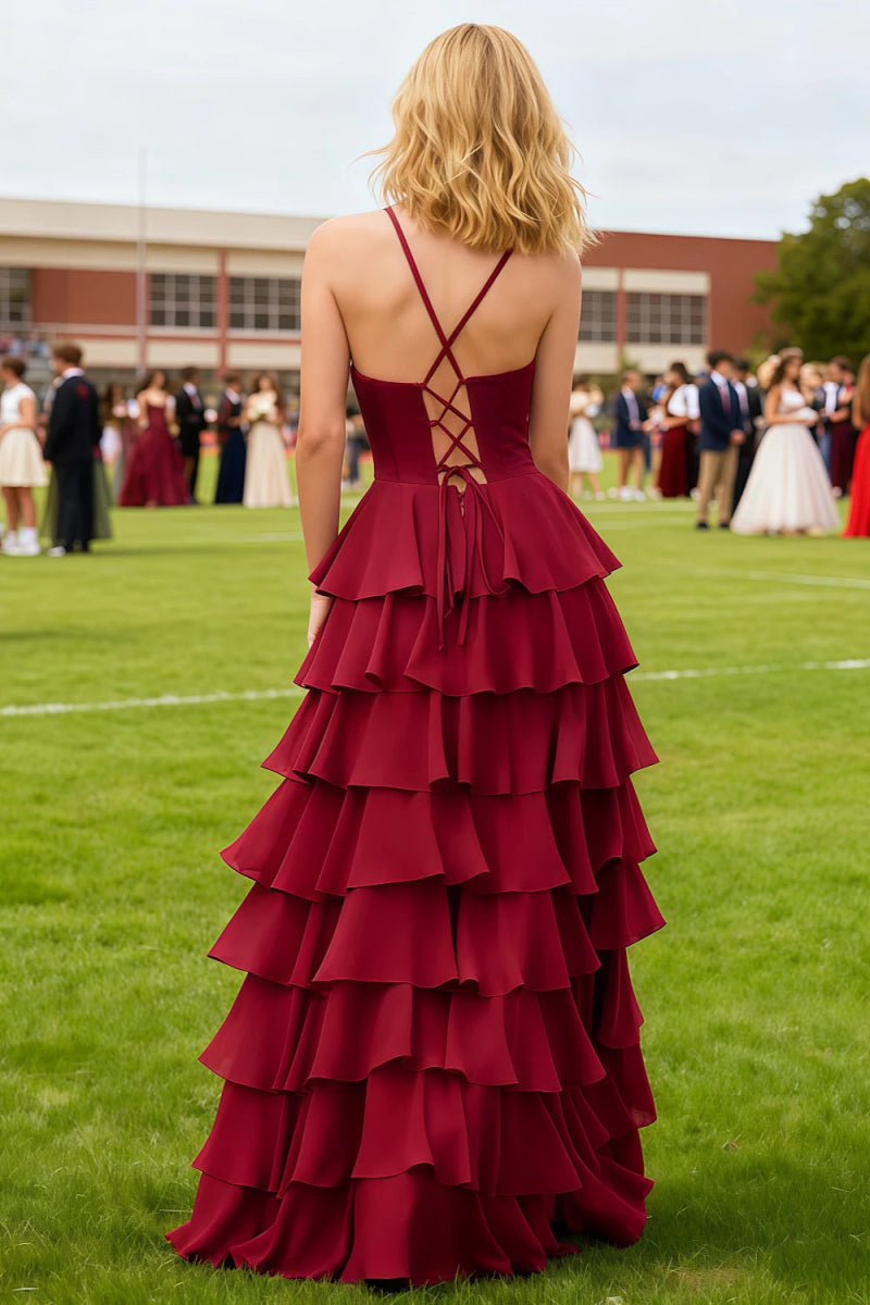 Luminance Dark Red Tiered Ruffled Cowl Neck Prom Dress | A - Line Spaghetti Straps Corset Pleated Satin Dress with Slit - US0 - PromDressClub