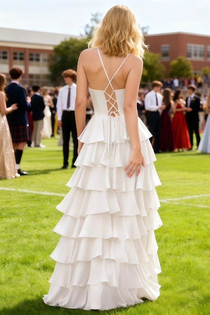Luminance White Tiered Ruffled Cowl Neck Prom Dress | A - Line Spaghetti Straps Corset Pleated Satin Dress with Slit - US0 - PromDressClub