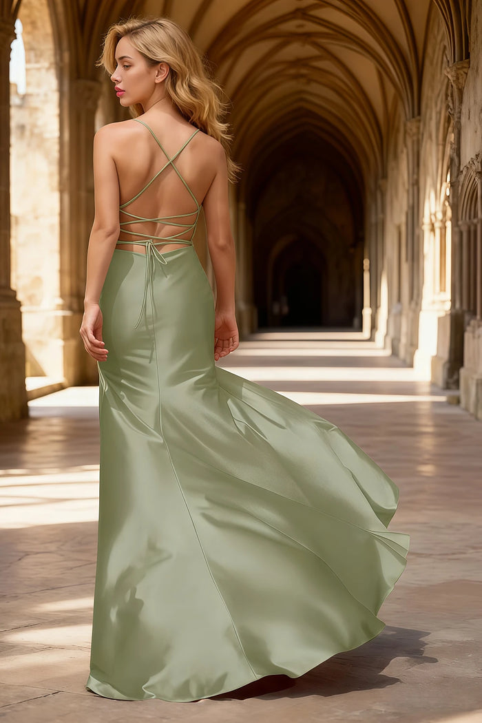 Luna Sage Green Satin Sheath Spaghetti Strap Prom Dress | Sexy Scoop Neck Pleated Open Back Slit Gown - US0 - PromDressClub